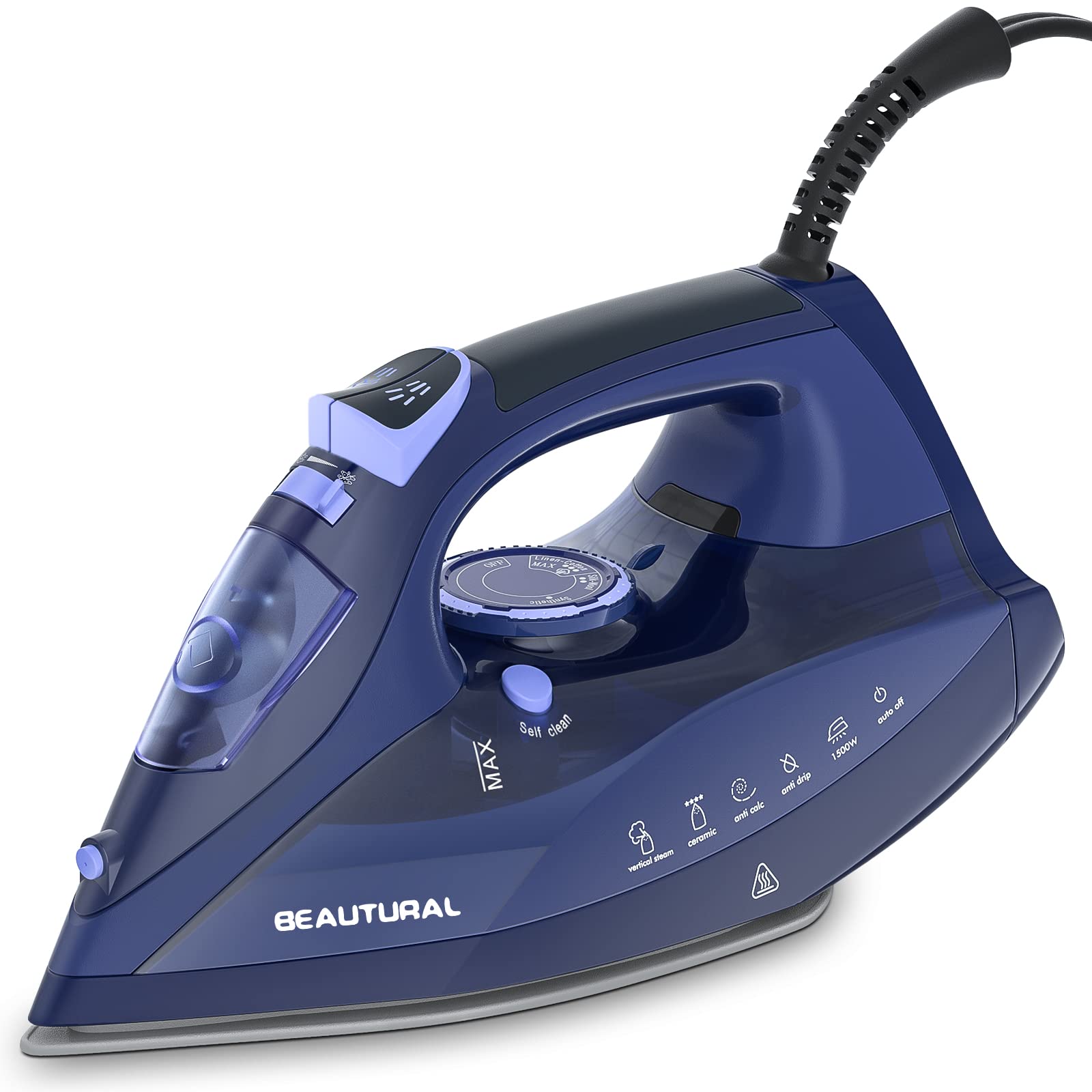 BEAUTURAL Steam Iron for Clothes with Precision Thermostat Dial, Ceramic Coated Soleplate, 3-Way Auto-Off, Self-Cleaning, Anti-Calcium, Anti-Drip - Available at All In One Marketplace Canada