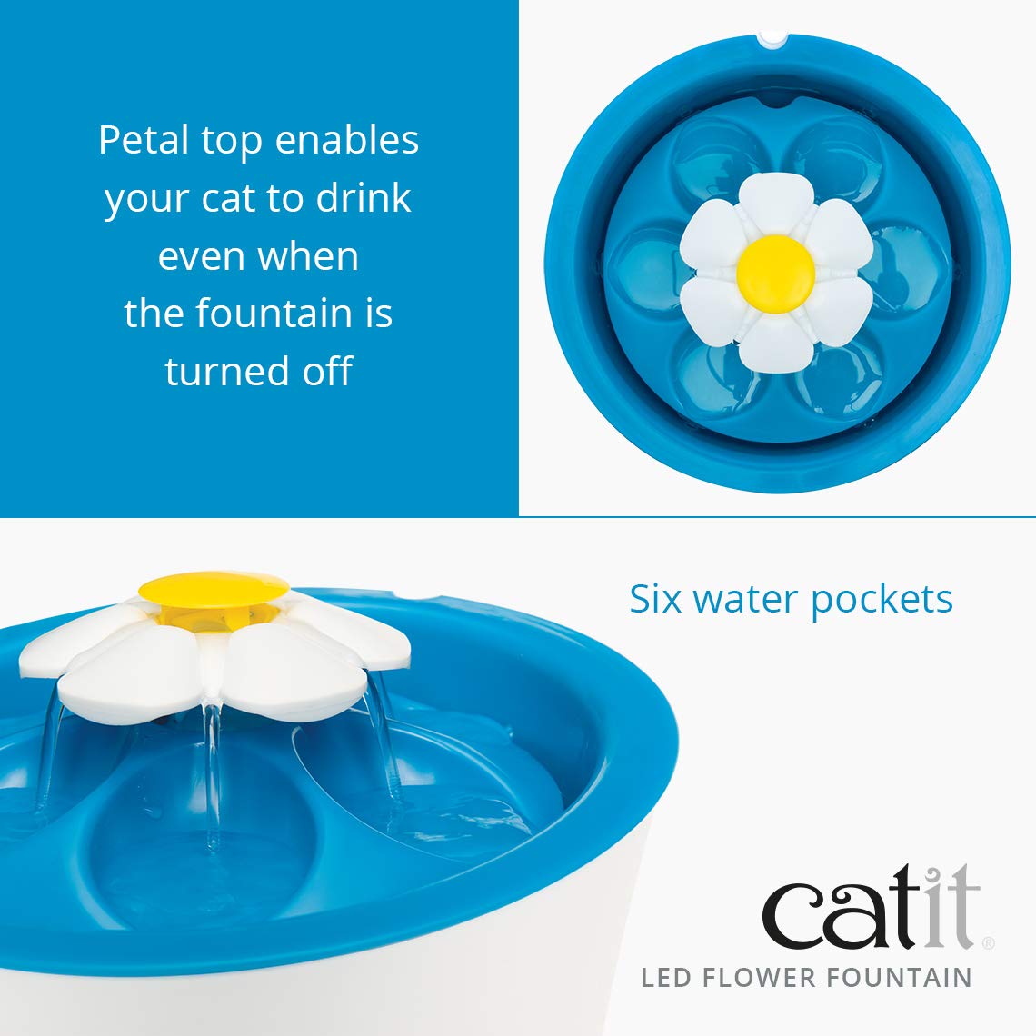 Catit LED Flower, Cat Water Fountain with Triple Action Filter, Blue 3L, Modern Cat Fountain, Fontaine Pour Chat, Pet Water Fountains, Perfect for Indoor Cats Catit