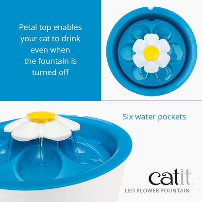 Catit LED Flower, Cat Water Fountain with Triple Action Filter, Blue 3L, Modern Cat Fountain, Fontaine Pour Chat, Pet Water Fountains, Perfect for Indoor Cats Catit