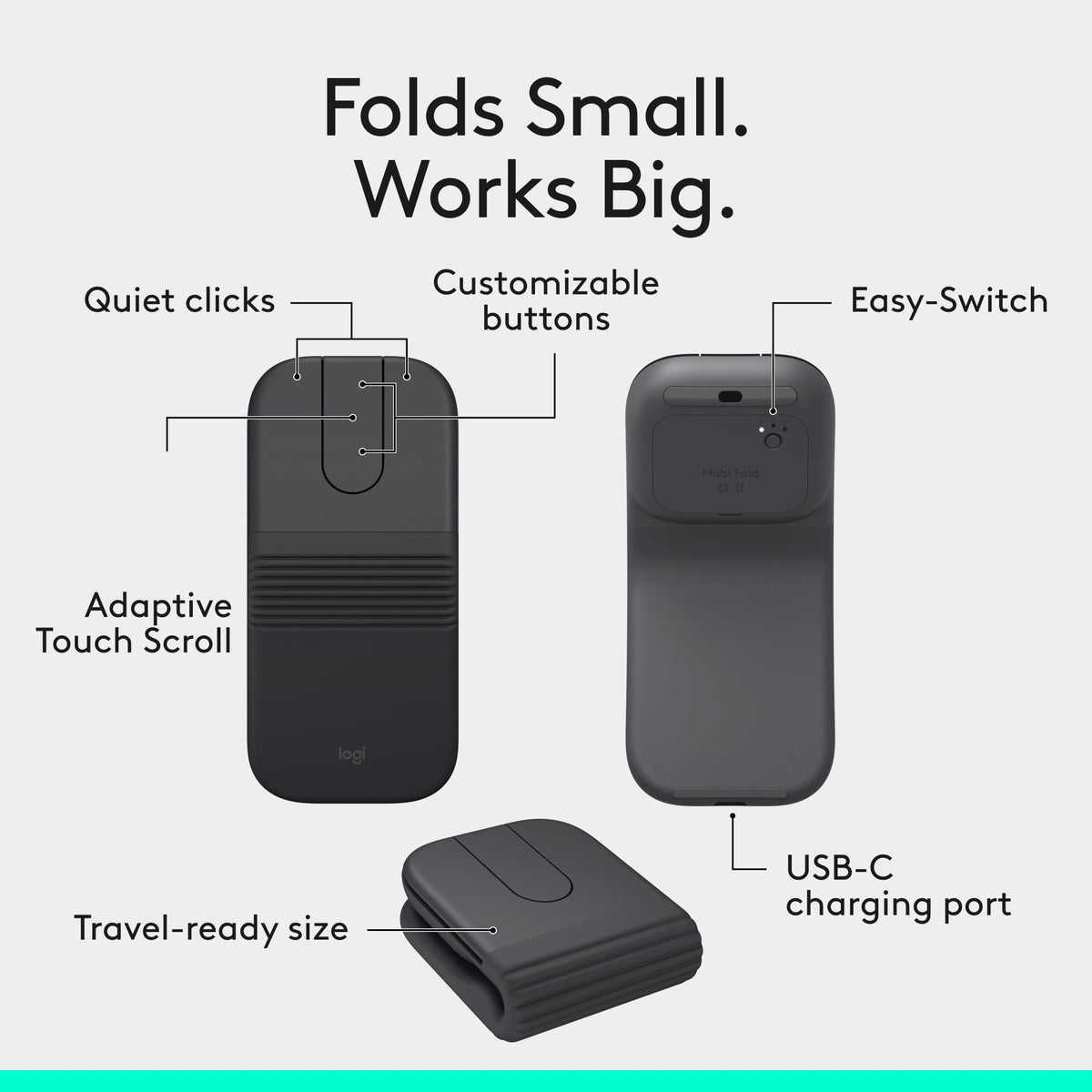 Logitech Mobi Fold Foldable Wireless Mouse with Quiet Click, Graphite
