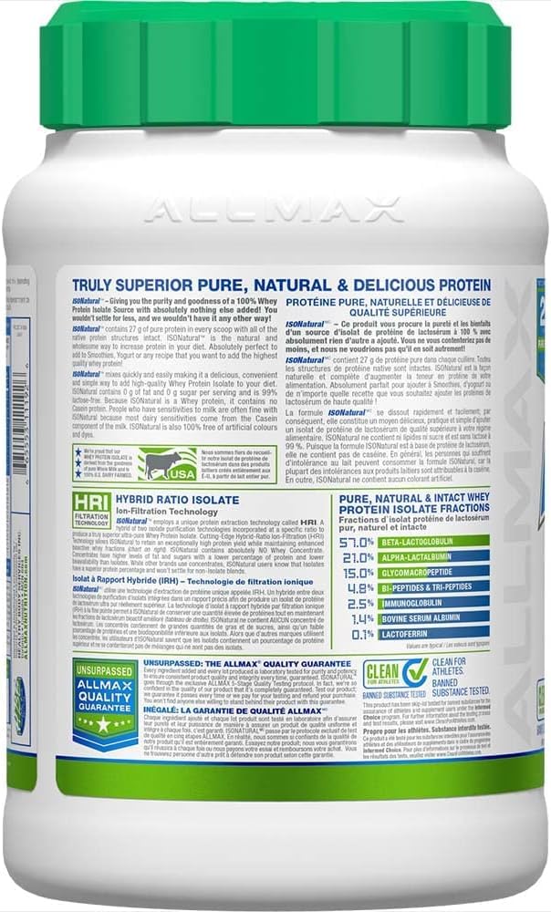 ALLMAX ISONATURAL Protein Isolate Powder, Unflavored, 2 lb, 31 Servings ALLMAX