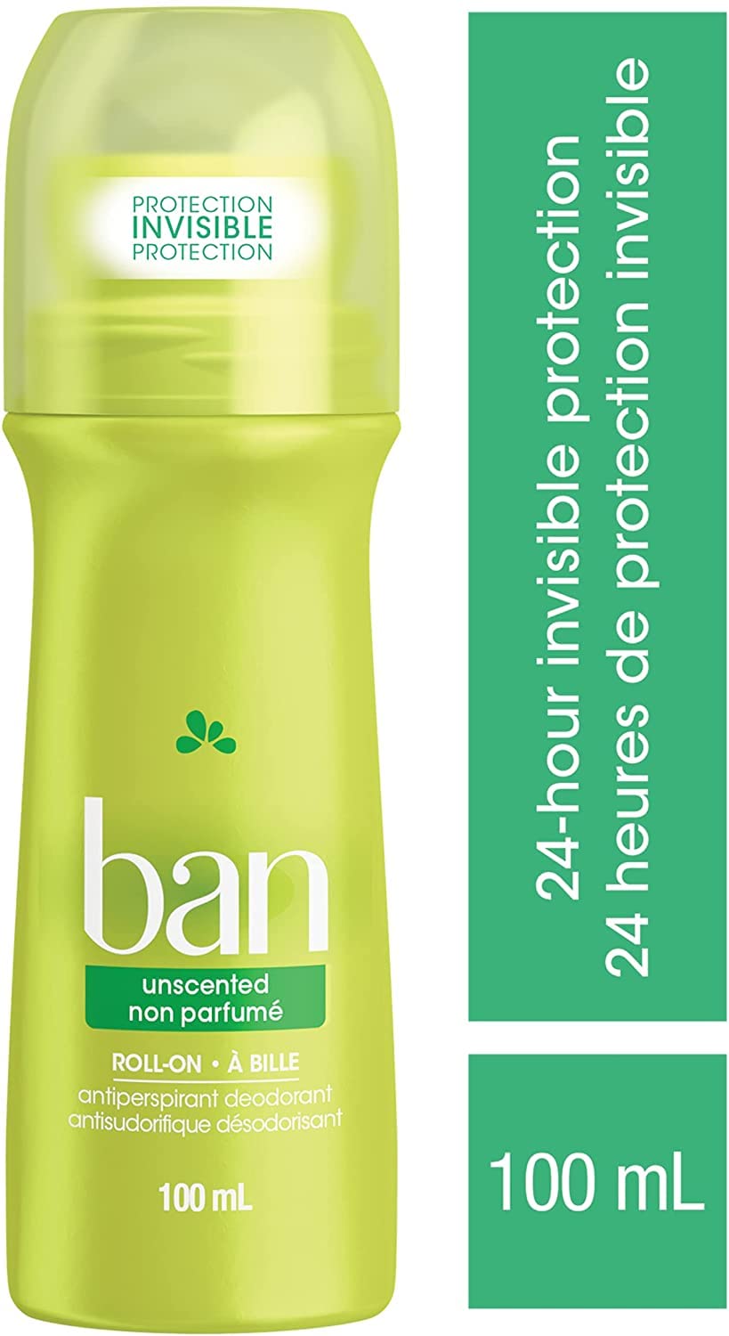 Ban Unscented Roll-on Antiperspirant Deodorant, 24-Hour Protection, Pack of 4 | Made in Canada Ban