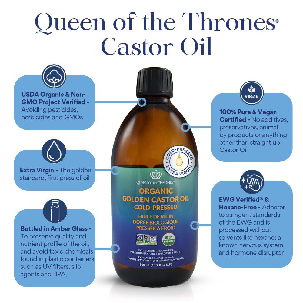 Queen of the Thrones Organic Golden Castor Oil - Pure Cold-Pressed Castor Oil for Self-Care - Multipurpose Clean Beauty Product for Hair, Nails & Skin - Silicone Precision Pump - 16.9 fl oz - Available at All In One Marketplace Canada