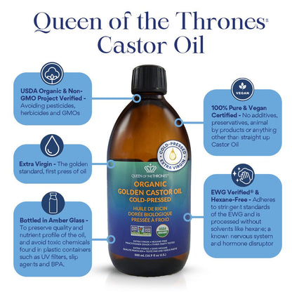 Queen of the Thrones Organic Golden Castor Oil - Pure Cold-Pressed Castor Oil for Self-Care - Multipurpose Clean Beauty Product for Hair, Nails & Skin - Silicone Precision Pump - 16.9 fl oz - Available at All In One Marketplace Canada
