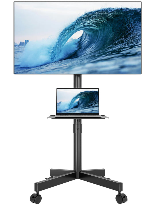 BONTEC Mobile TV Stand, Rolling TV Stand for 23-60 Inch Screens, Adjustable Floor TV Stand with Locking Wheels and Media Shelf, Compatible with VESA 100x100mm to 400x400mm, Holds up to 88 lbs, Black