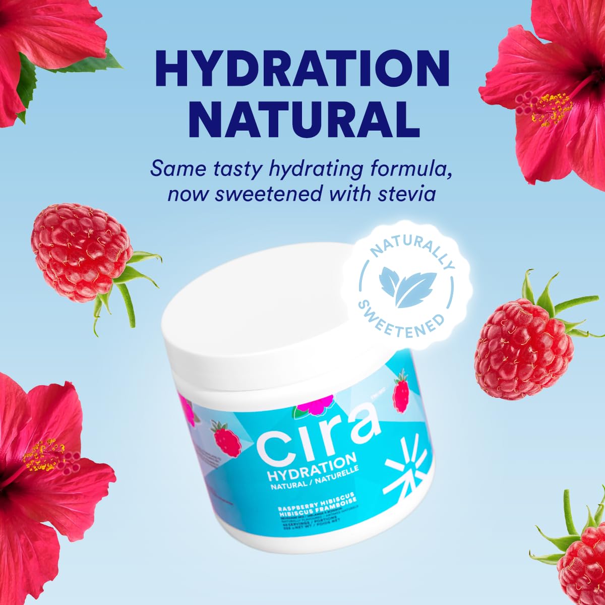Cira Hydration Electrolytes Powder - Daily Electrolyte Powder, Sugar Free, Naturally Sweetened w/Stevia, Hydration Powder w/Himalayan Salt for Dehydration Relief - Raspberry Hibiscus, 45 Servings