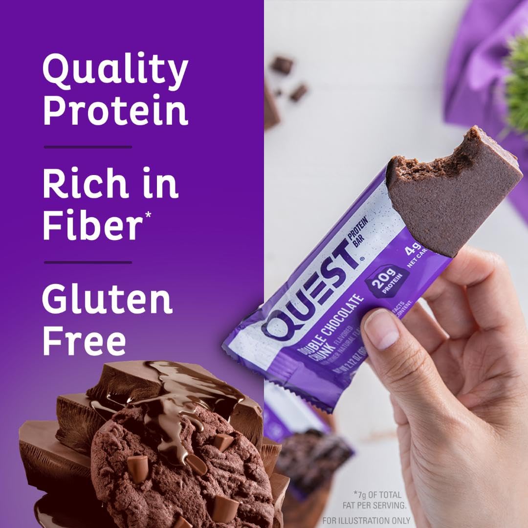 Quest Nutrition Double Chocolate Chunk Protein Bar, High Protein, High Fibre, Low Sugar, Keto Friendly, 20g Protein, 1g Sugar, 12ct Quest