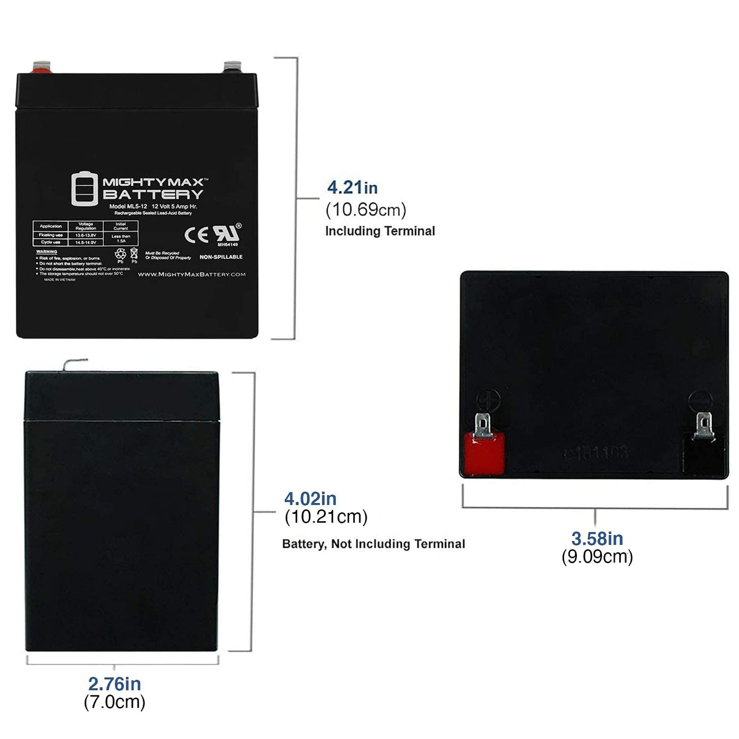 ML5-12 - 12 Volt 5 AH Rechargeable SLA Battery - Mighty Max Battery Brand Product