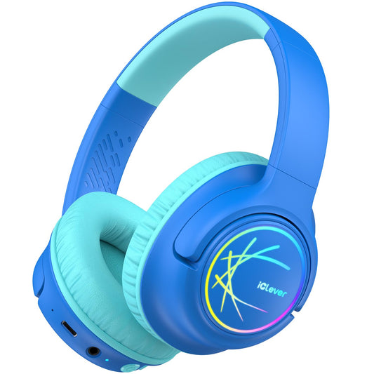 Kids Headphones Wireless with LED Lights, iClever BTH18 Safe Volume 74/85dBA, 43H Playtime, Stereo Sound, USB-C, AUX Cable, Bluetooth5.3 Over Ear Kids Toddler Headphones for Tablet/Travel, Blue