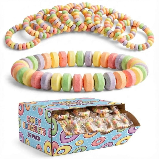 36-pack Bulk Candy Bracelets For Kids 2.5 Inch - Individually Wrapped - Stretchable Edible Colorful Fruit Flavor Rainbow Bracelets For Birthday Party Favors Supplies & Goodie Bags, Halloween Candy - Available at All In One Marketplace Canada