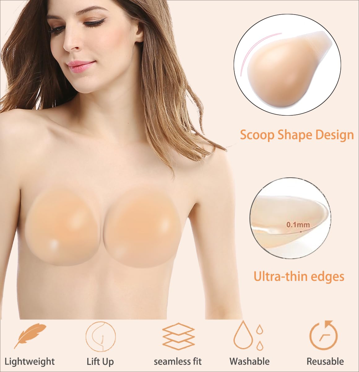 Deceny CB Sticky Bra Push Up Adhesive Bra Invisible Silicone Bra Backless Strapless Bras with Nipple Covers for Women(C/D,Beige) - Available at All In One Marketplace Canada