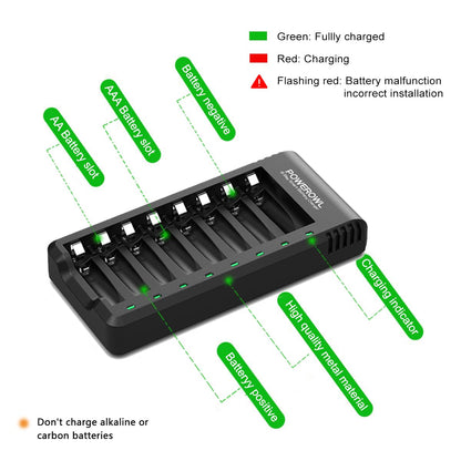 POWEROWL 8 Bay AA AAA Battery Charger for Ni-MH Rechargeable Batteries (No Adapter)