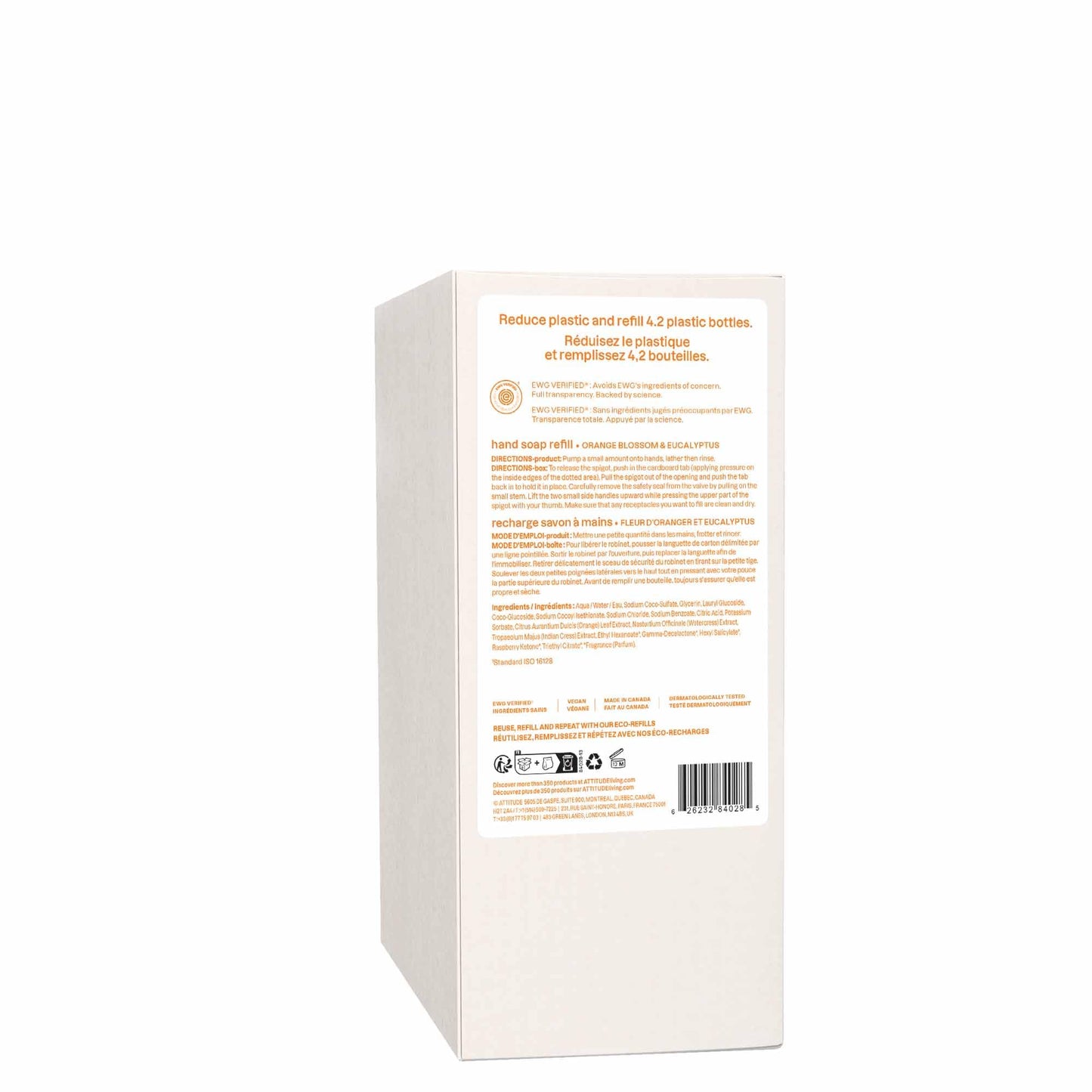 ATTITUDE Hand Soap, Made in Canada, EWG Verified, Plant and Mineral-Based Ingredients, Vegan Beauty and Personal Care Products, Bulk Refill, Orange Blossom & Eucalyptus, 2 Liters - Available at All In One Marketplace Canada
