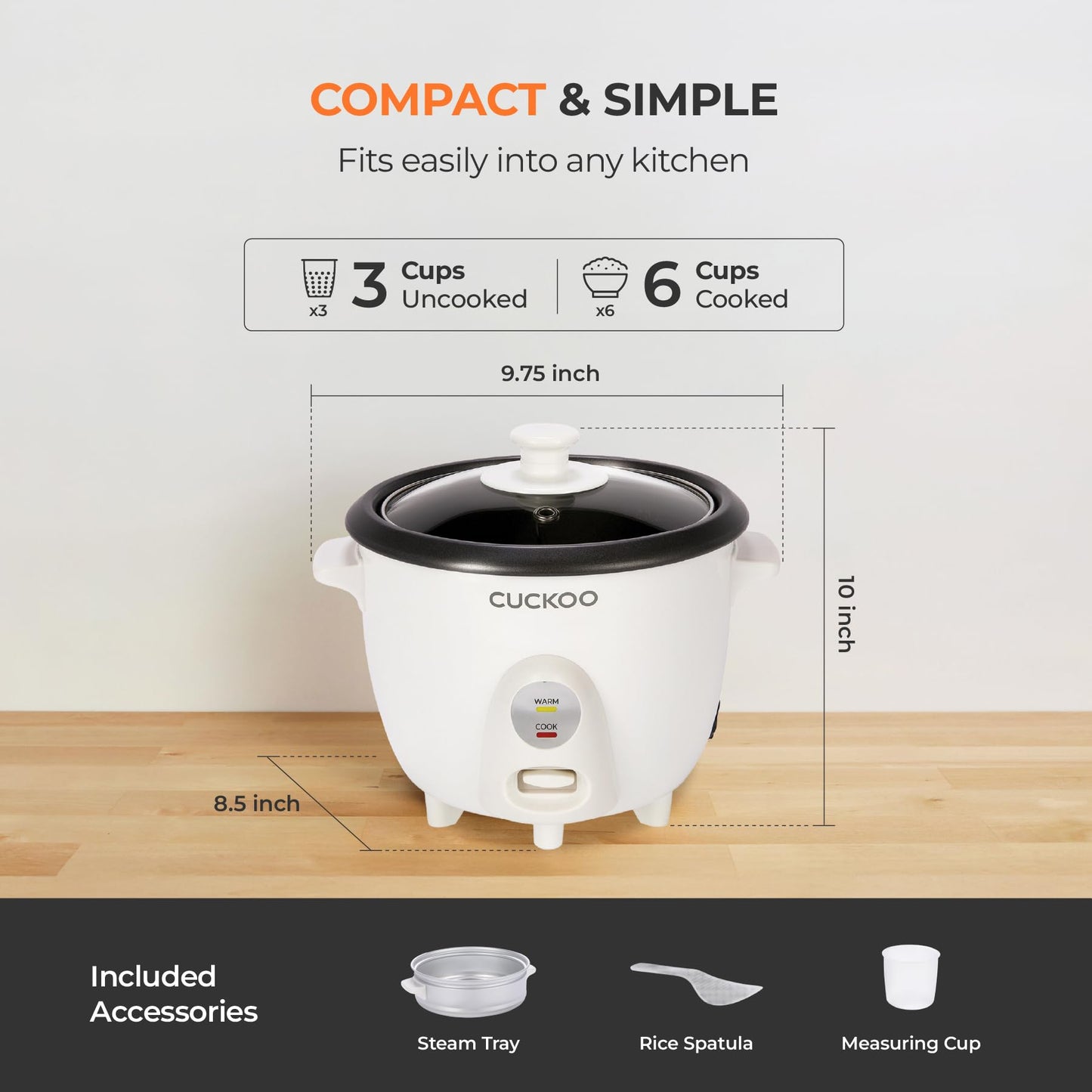 CUCKOO One Touch Rice Cooker 3-Cup (Uncooked) / 6-Cup (Cooked), Mini Rice Cooker & Warmer with Steamer Tray, Versatile Grain Cooker, Soup Maker, Auto Keep Warm, White (CR-0301C) CUCKOO