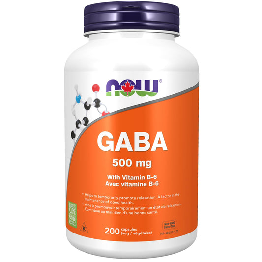 NOW Supplements, GABA (Gamma-Aminobutyric Acid) 500 mg + B-6, Natural Neurotransmitter, 200 Veg Capsules - Available at All In One Marketplace Canada