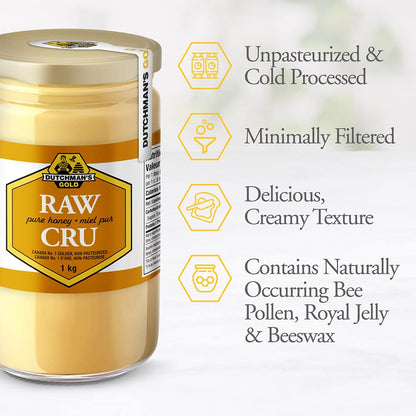 Dutchman's Gold Raw Honey | 100% Canadian Unpasteurized & Cold-Processed | Naturally Creamy & Spreadable | Contains Bee Pollen, Royal Jelly & Beeswax | 1 kg