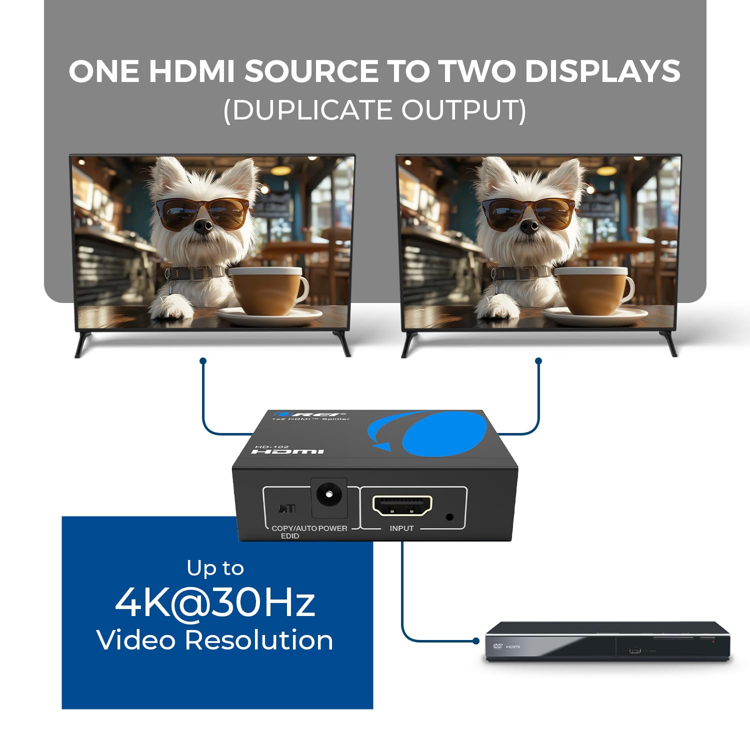 OREI HDMI Splitter 1 in 2 Out - 1x2 HDMI Splitter For TV Mirror Only - Not for Multi Monitors and HDCP Bypass, 1080P @ 60Hz & 4K @ 30Hz Resolutions – Powered HDMI splitter (HD-102) Orei