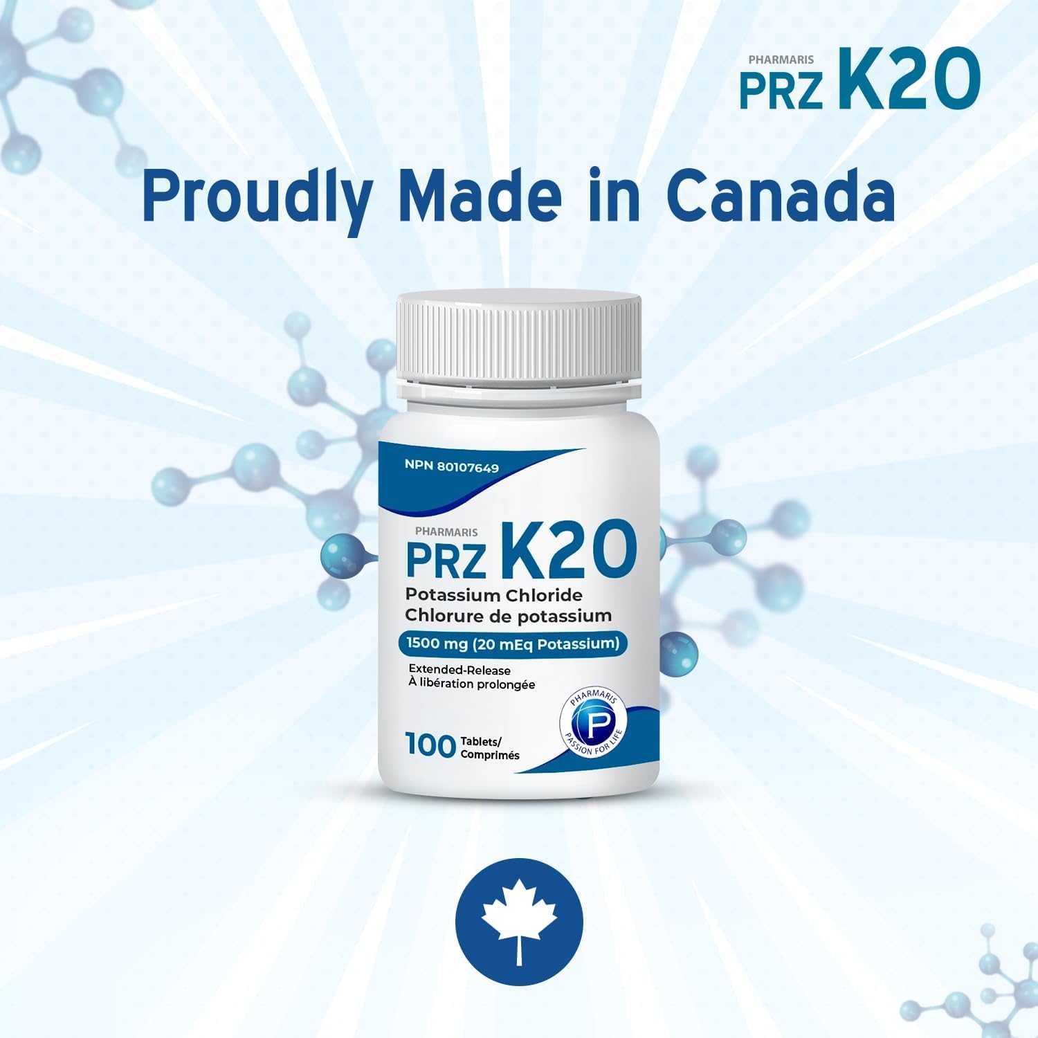 Pharmaris K-20 Potassium Chloride 1500mg Extended Release Tablets, Provides 20 mEq Potassium, Electrolyte Replenisher for Hypokalemia Treatment, Daily Use Supplement, 100 Tablets - Available at All In One Marketplace Canada