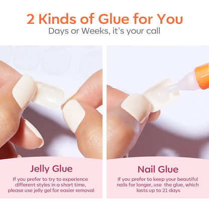 Modelones French Tip Press On Nails, Short Oval Fake Nails Press Ons with Nail Glue, Adhesive Tabs, Nail File, Prep Pad, Manicure Stick, 32Pcs 16 Sizes, Nude, Valentines