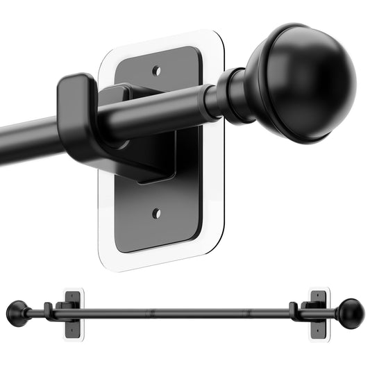 upsimples No Drill Curtain Rods for Window 48 to 84 Inches, 5/8 Inch Diameter Renter Friendly Drapery Rod with Adhesive Brackets without Drilling, Adjustable from 27 to 90 Inches, Black