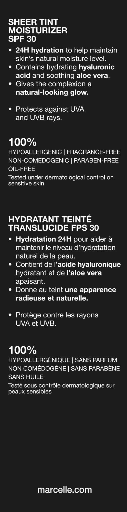 Marcelle Sheer Tint Moisturizer SPF 30, Café Au Lait, with Hyaluronic Acid and Aloe, Hypoallergenic, Non-Comedogenic, Fragrance-Free, Paraben-Free, Oil-Free, 40 mL