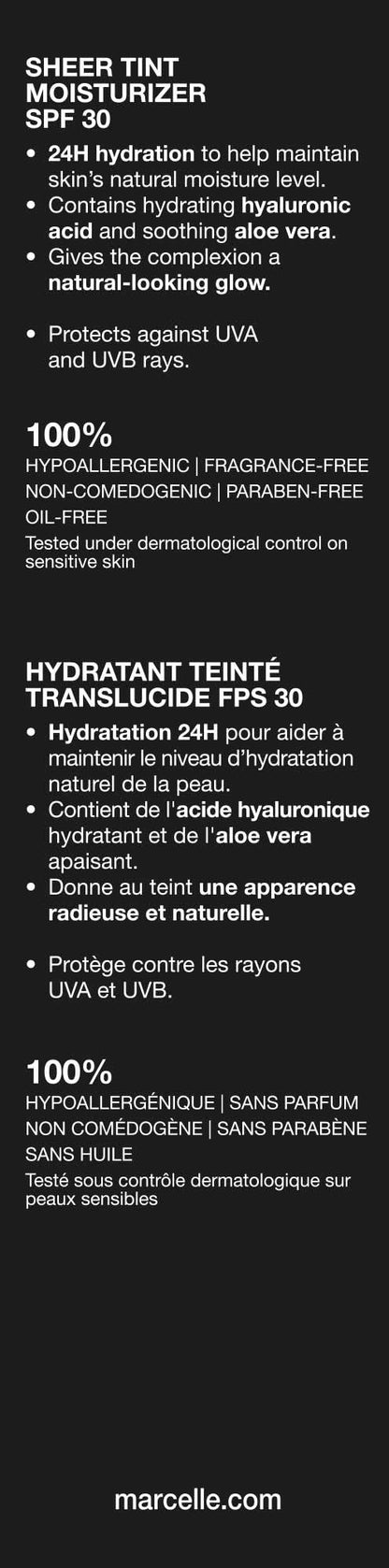 Marcelle Sheer Tint Moisturizer SPF 30, Café Au Lait, with Hyaluronic Acid and Aloe, Hypoallergenic, Non-Comedogenic, Fragrance-Free, Paraben-Free, Oil-Free, 40 mL