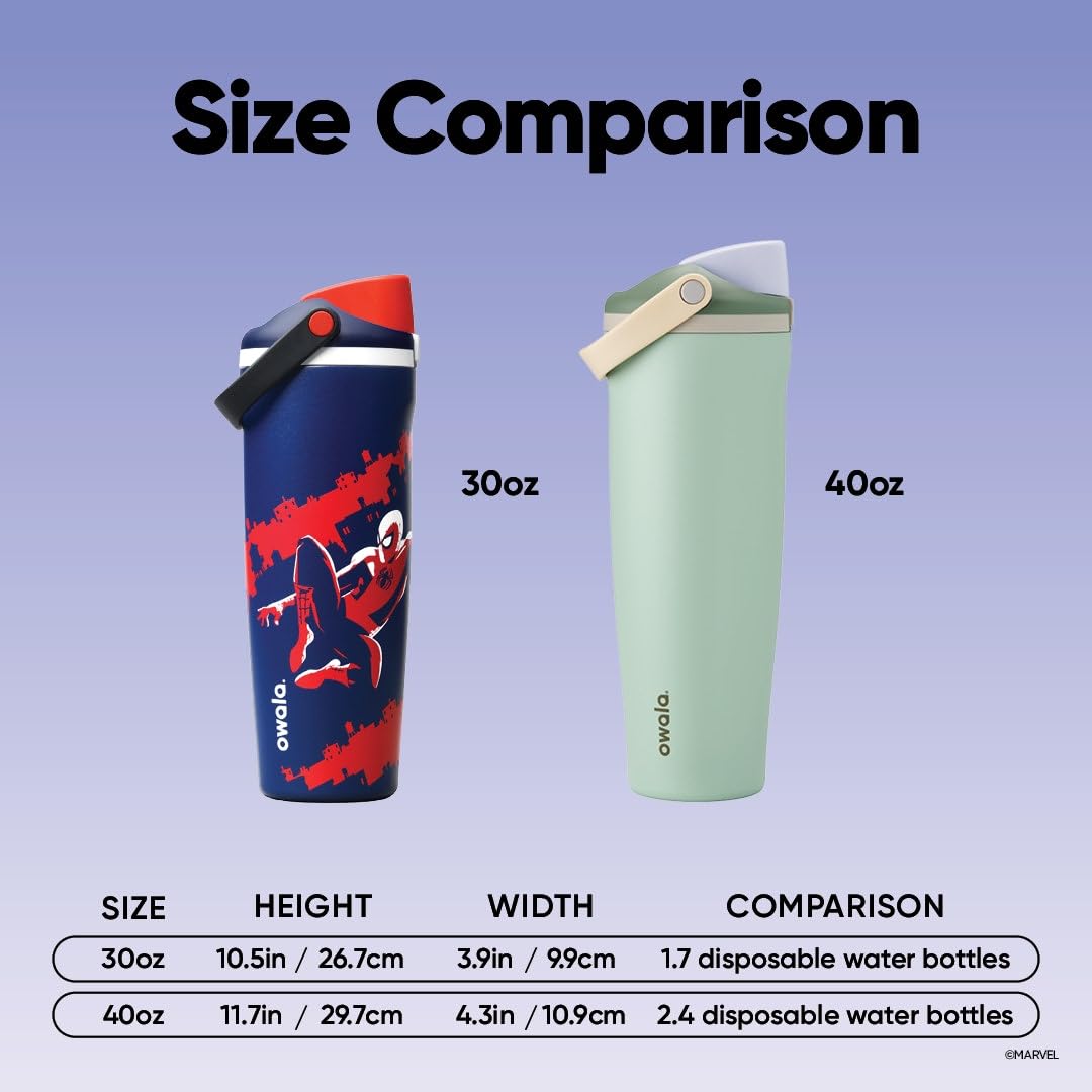 Marvel Owala FreeSip Sway Insulated Stainless Steel Water Bottle with Two-Way Spout, Built-In Straw and Bucket Handle, Made for Travel, School, and Sports, 30oz, BPA Free, Leak Proof, Swing of Things