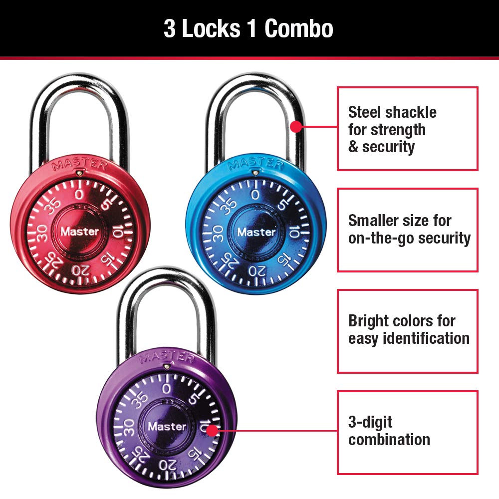 Master Lock 1533TRI Mini Combination Locks in Blue, Purple, and Pink, 3-Pack