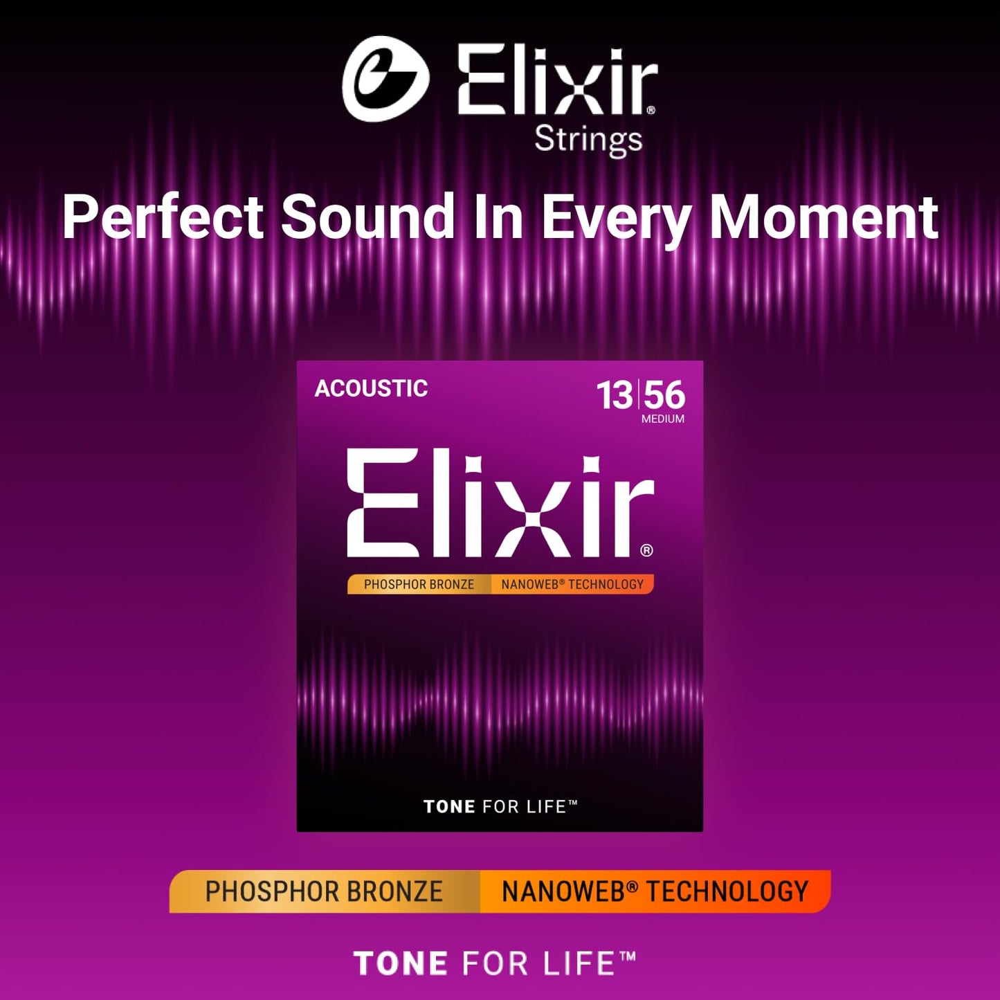 Cordes de guitare acoustique Elixir 16102 en bronze phosphoreux avec revêtement Nanoweb - Tirant medium 13-56
