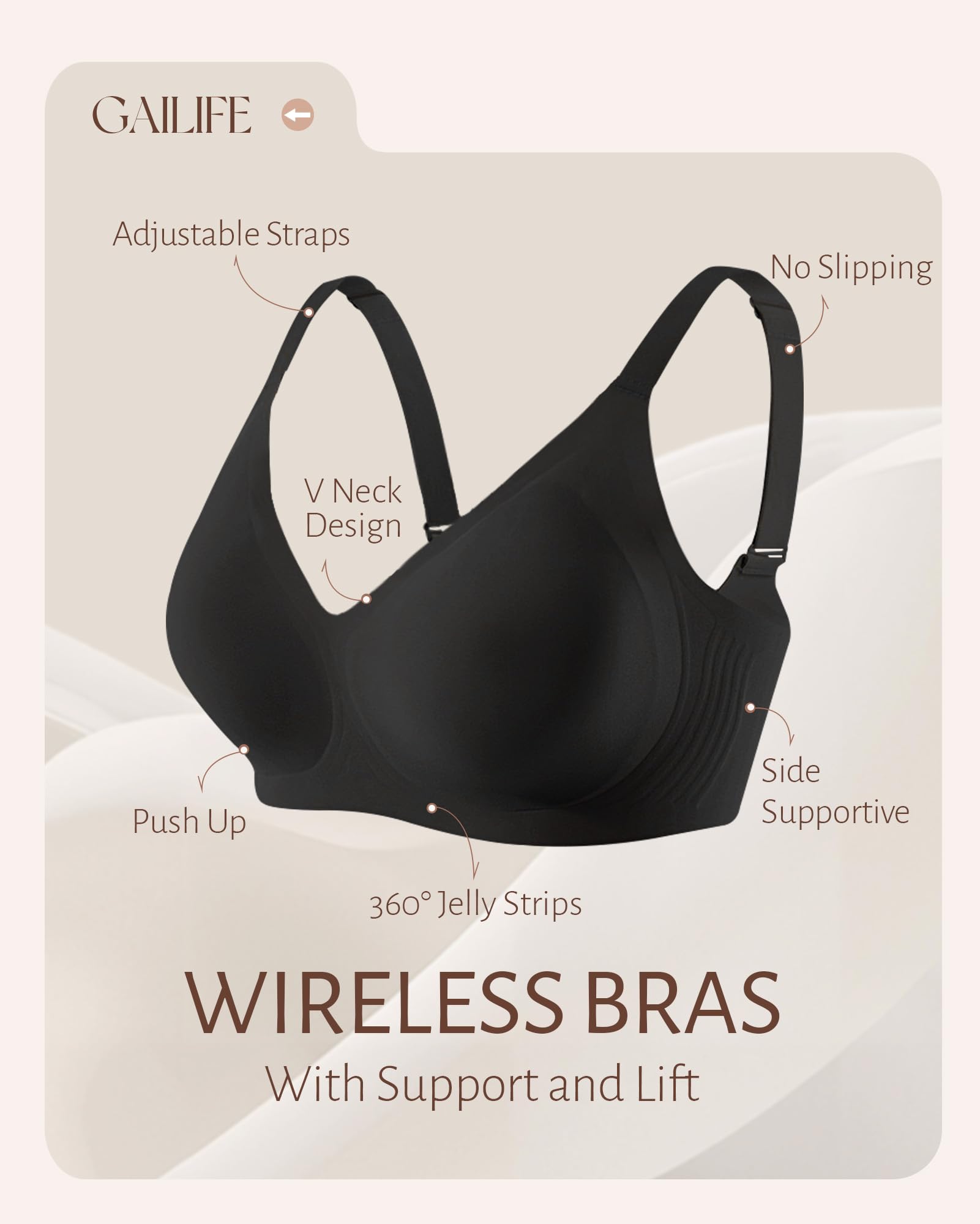 Gailife Womens Jelly Bra for Women Wireless Bras Seamless No Underwire Supportive Full Coverage T-Shirt Bra -New-Black-M