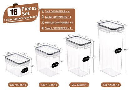 PRAKI Airtight Food Storage Container Set with Lids, 16 Pcs Plastic Dry Food Canisters for Kitchen Pantry Organizers and Storage, Ideal for Cereal, Flour & Sugar - Labels, Marker(Black) - Available at All In One Marketplace Canada