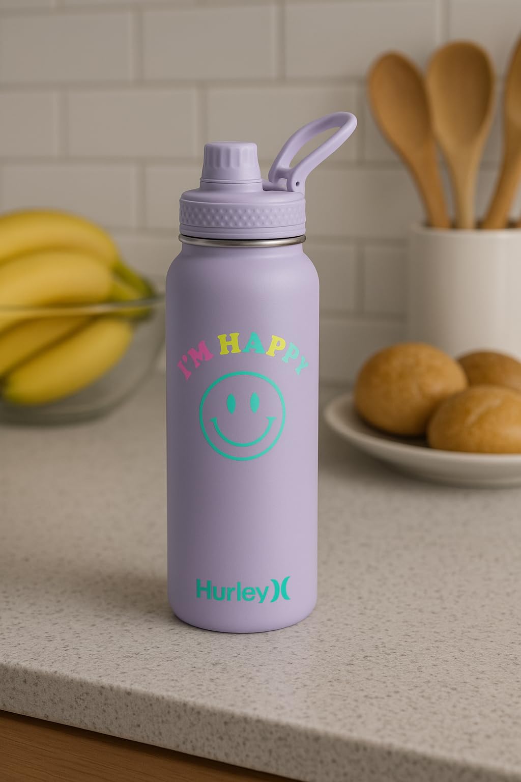Hurley 32 Oz Reusable Water Bottle with Chug Cap Stainless Steel Sports Bottle "I'M HAPPY" Design with Handle on Lid, Purple