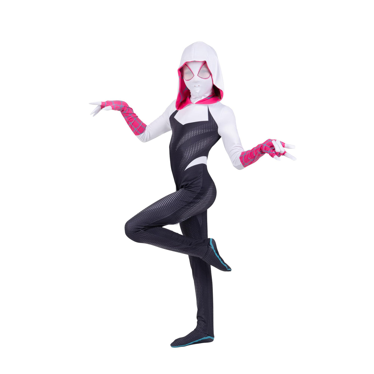 Marvel Spider-Gwen Official Youth Zentai Costume - Hooded Spandex Jumpsuit with Printed Design and Pull On Spandex Mask (S)