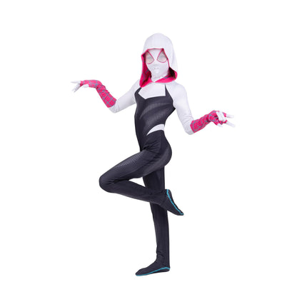 Marvel Spider-Gwen Official Youth Zentai Costume - Hooded Spandex Jumpsuit with Printed Design and Pull On Spandex Mask (S)