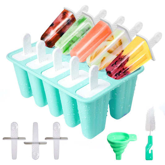 Popsicle Molds 10 Cells, Silicone Ice Cream Mould with Sticks, Non-Stick Ice Lolly Mold with Silicone Funnel and Brush, BPA Free - Available at All In One Marketplace Canada