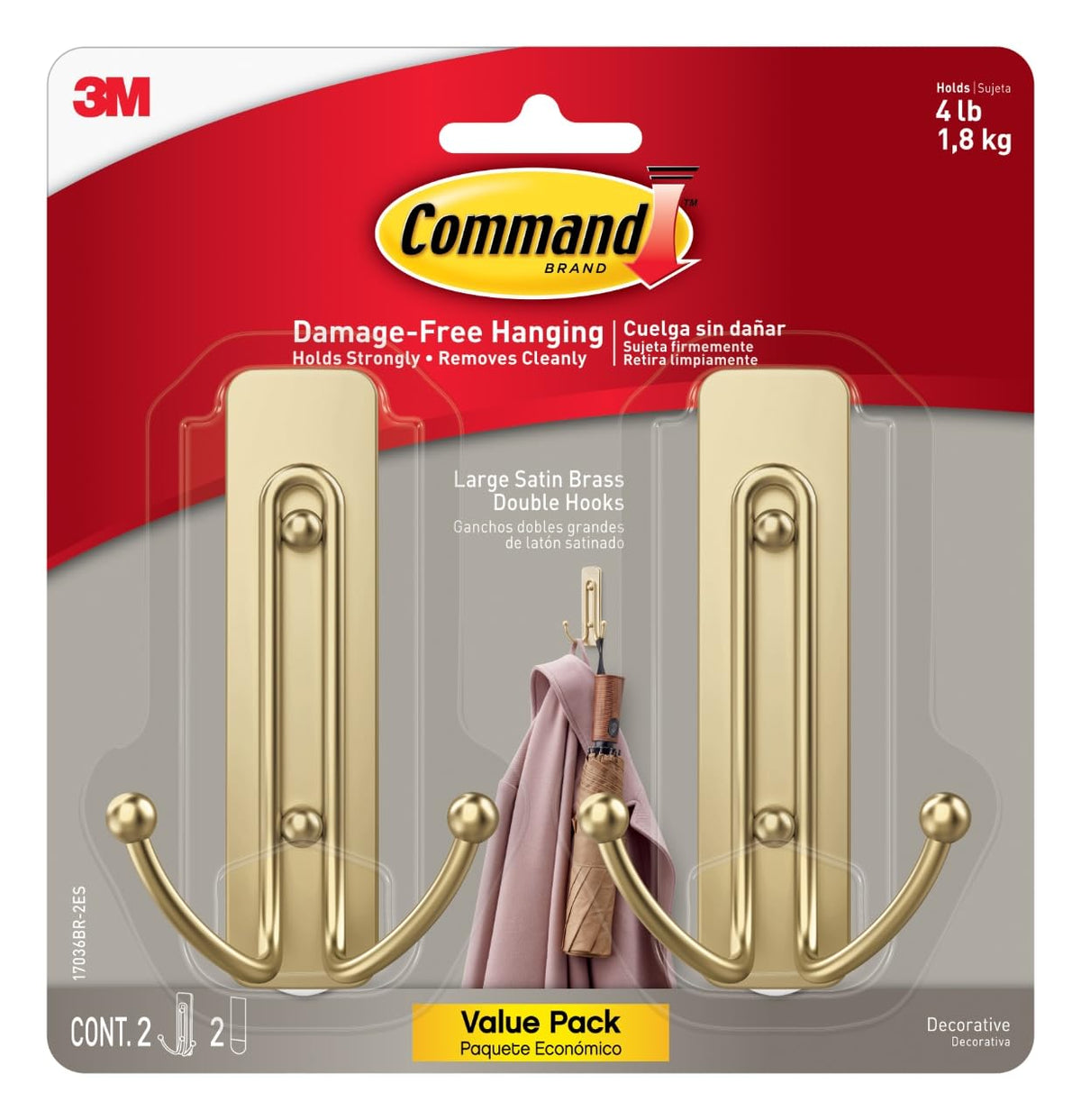 Command Large Wall Hooks, Damage Free Hanging Wall Hooks with Adhesive Strips, No Tools Double Wall Hooks for Hanging Christmas Decorations, 2 Satin Brass Plastic Hooks and 2 Command Strips 🍁 All In One Marketplace Canada