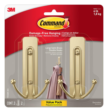 Command Large Wall Hooks, Damage Free Hanging Wall Hooks with Adhesive Strips, No Tools Double Wall Hooks for Hanging Christmas Decorations, 2 Satin Brass Plastic Hooks and 2 Command Strips 🍁 All In One Marketplace Canada