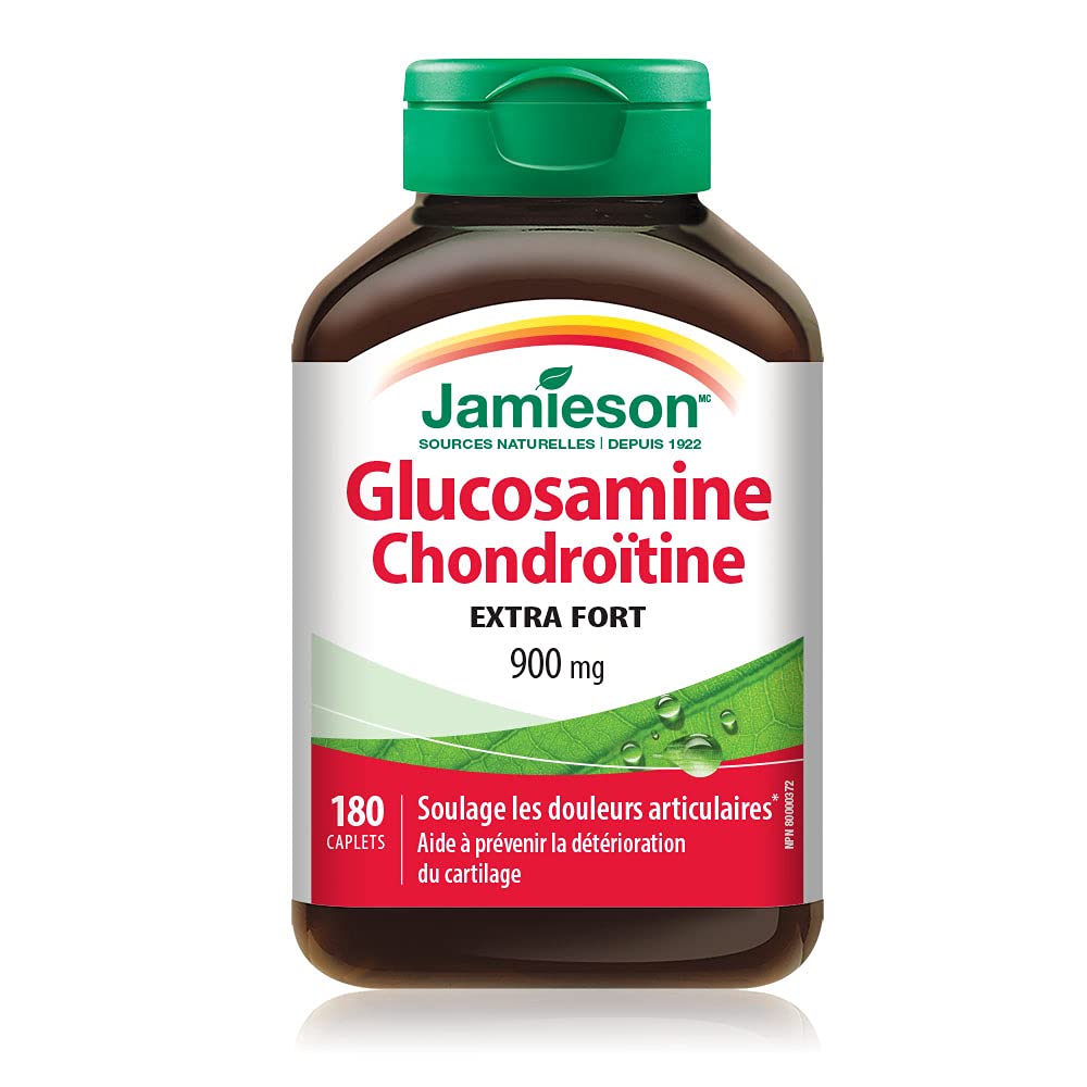 Jamieson Extra Strength Glucosamine Chondroitin 900 mg, Provides Joint Pain Relief, Osteoarthritis Support, and Cartilage Protection. Non-GMO, Gluten-Free, 180 Caplets, Proudly Canadian