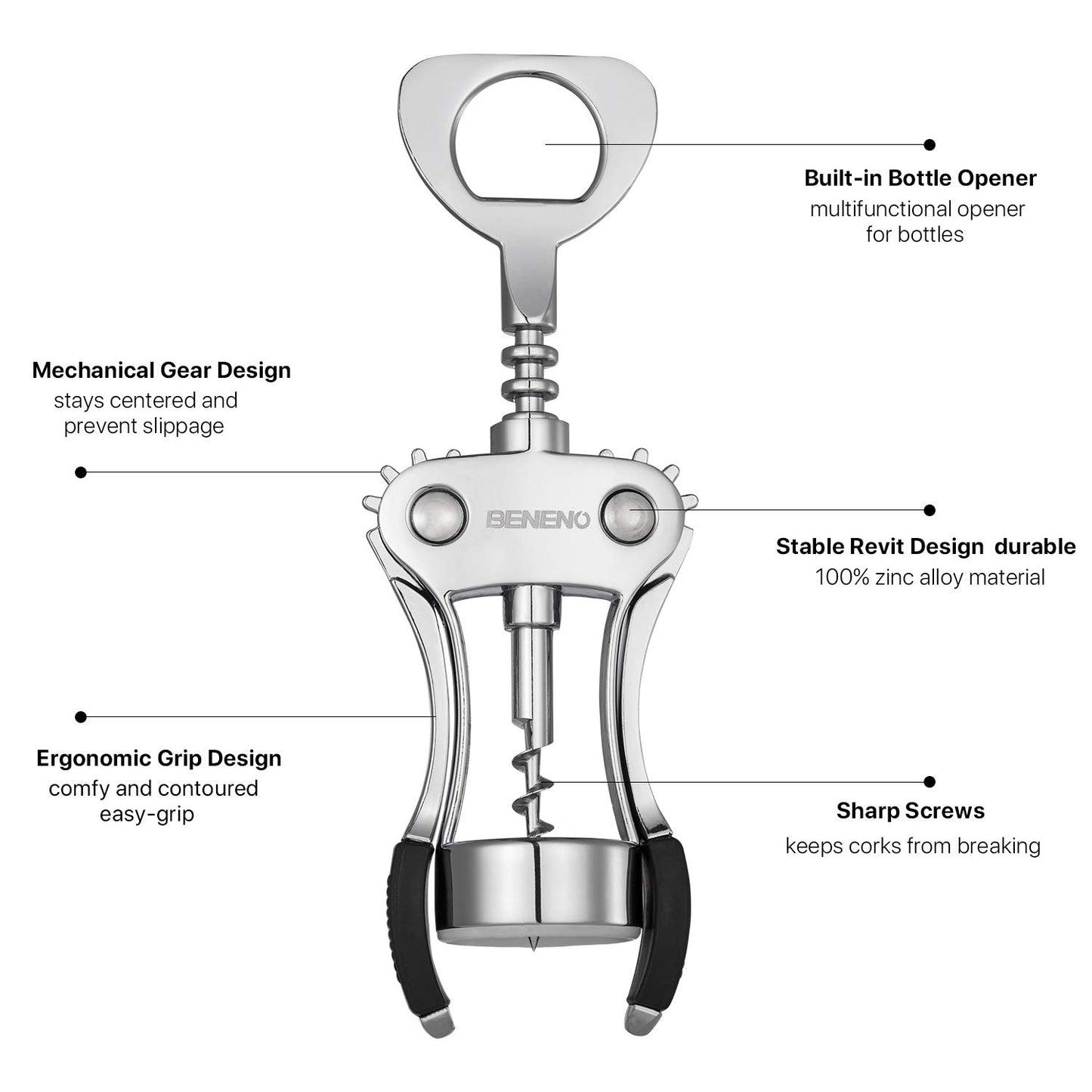 Wine Opener, BENENO Zinc Alloy Premium Wine Bottle Opener Wing Corkscrew with Multifunctional Corks and Caps Bottle Opener, Upgrade - Available at All In One Marketplace Canada