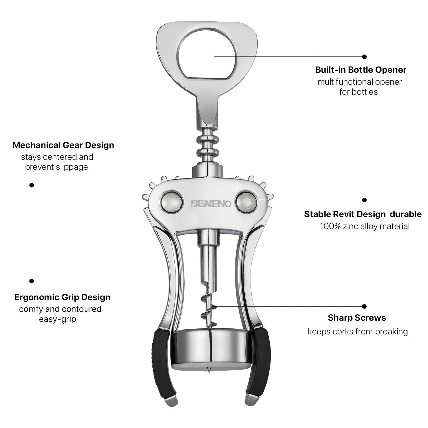 Wine Opener, BENENO Zinc Alloy Premium Wine Bottle Opener Wing Corkscrew with Multifunctional Corks and Caps Bottle Opener, Upgrade - Available at All In One Marketplace Canada