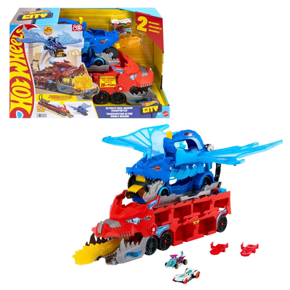 Hot Wheels City Toy Car Track Set, Ultimate Dual Dragon Transporter & 2 Die-Cast Cars, Large-Scale Dragon & Detachable Dragon, Stores 20+ Vehicles Hot Wheels