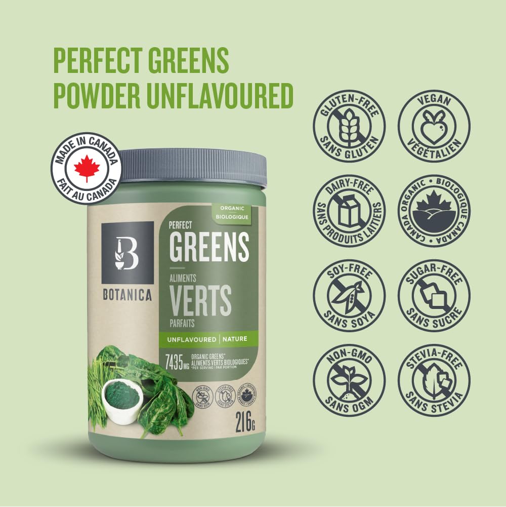 Botanica Perfect Greens Powder – Organic Spirulina, Chlorella & Barley Grass Blend, 7.4g Greens per Serving, Gluten-Free, 216g (27 Servings)