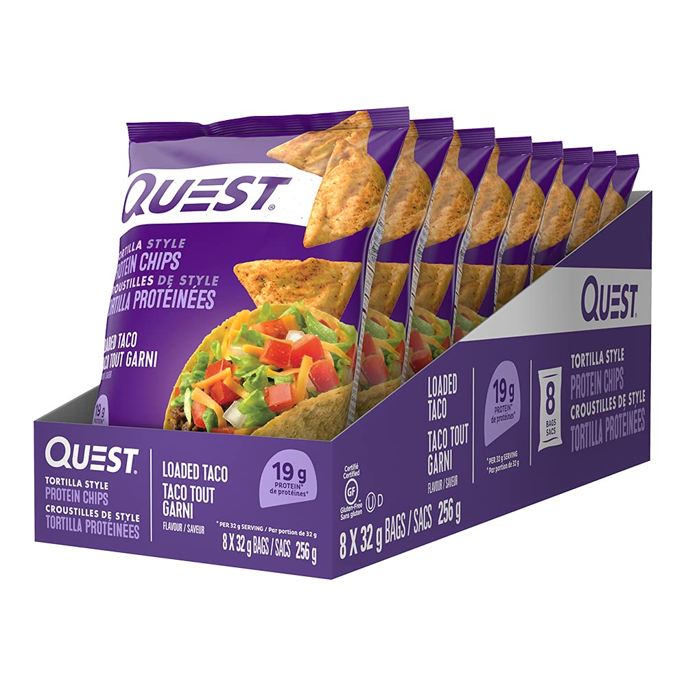 Quest Nutrition Tortilla Style Protein Chips, Loaded Taco, High Protein, Baked, Not Fried, Gluten Free, 1g Sugar, 5g Carbs, 8ct