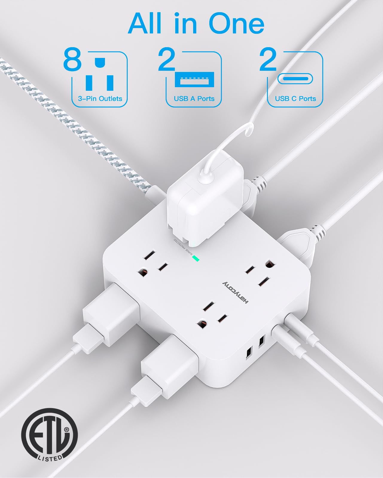 Surge Protector Power Bar - 8 Outlets 4 USB Charging Ports(2 USB C), Power Strip with 5Ft Braided Extension Cord, Flat Plug, Wall Mount Desk USB C Charging Station for Home Office College Essentials