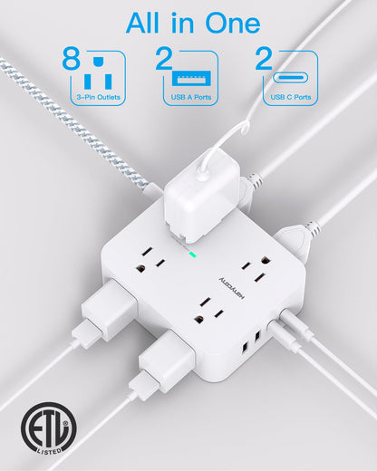 Surge Protector Power Bar - 8 Outlets 4 USB Charging Ports(2 USB C), Power Strip with 5Ft Braided Extension Cord, Flat Plug, Wall Mount Desk USB C Charging Station for Home Office College Essentials
