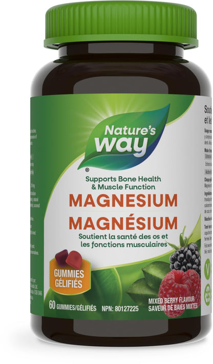 Nature’s Way Magnesium Gummies 100 mg – Supports Muscle Function, Heart & Bone Health – Mixed Berry Flavor, 60 Vegetarian Gummies - Available at All In One Marketplace Canada