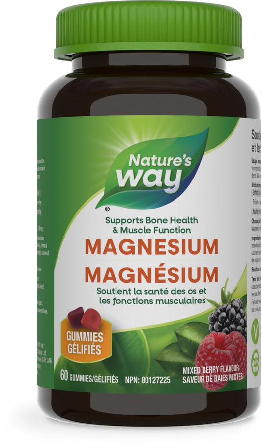 Nature’s Way Magnesium Gummies 100 mg – Supports Muscle Function, Heart & Bone Health – Mixed Berry Flavor, 60 Vegetarian Gummies - Available at All In One Marketplace Canada