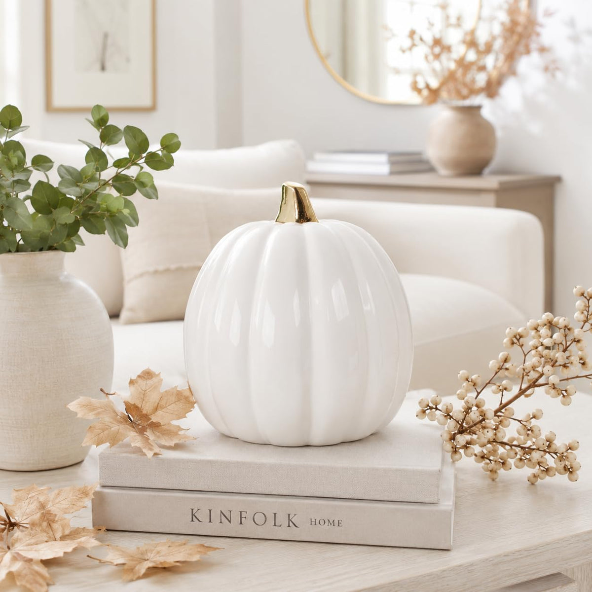Citrouille en céramique blanche Pearhead, décoration d'automne pour la maison, décoration de fête moderne, décorations d'Halloween tendance, blanc, petit