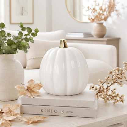 Citrouille en céramique blanche Pearhead, décoration d'automne pour la maison, décoration de fête moderne, décorations d'Halloween tendance, blanc, petit