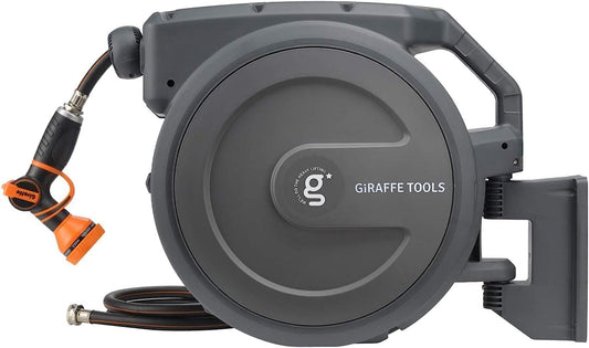 Giraffe Tools Garden Hose Reel Retractable 1/2" x 100 ft Wall Mounted Water Hose Reel Automatic Rewind, Any Length Lock, 100ft, Dark Grey AW30 - Available at All In One Marketplace Canada